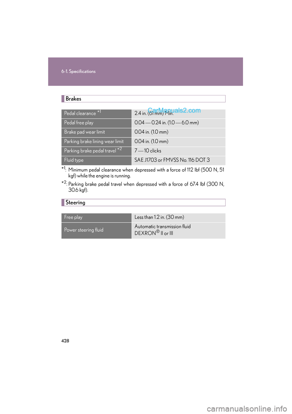 Lexus ES350 2009 Owners Manual 428
6-1. Specifications
ES350_U_(L/O_0808)
Brakes
*1: Minimum pedal clearance when depressed with a force of 112 lbf (500 N, 51
kgf) while the engine is running.
*2: Parking brake pedal travel when de Lexus ES350 2009 Owners Manual 428
6-1. Specifications
ES350_U_(L/O_0808)
Brakes
*1: Minimum pedal clearance when depressed with a force of 112 lbf (500 N, 51
kgf) while the engine is running.
*2: Parking brake pedal travel when de