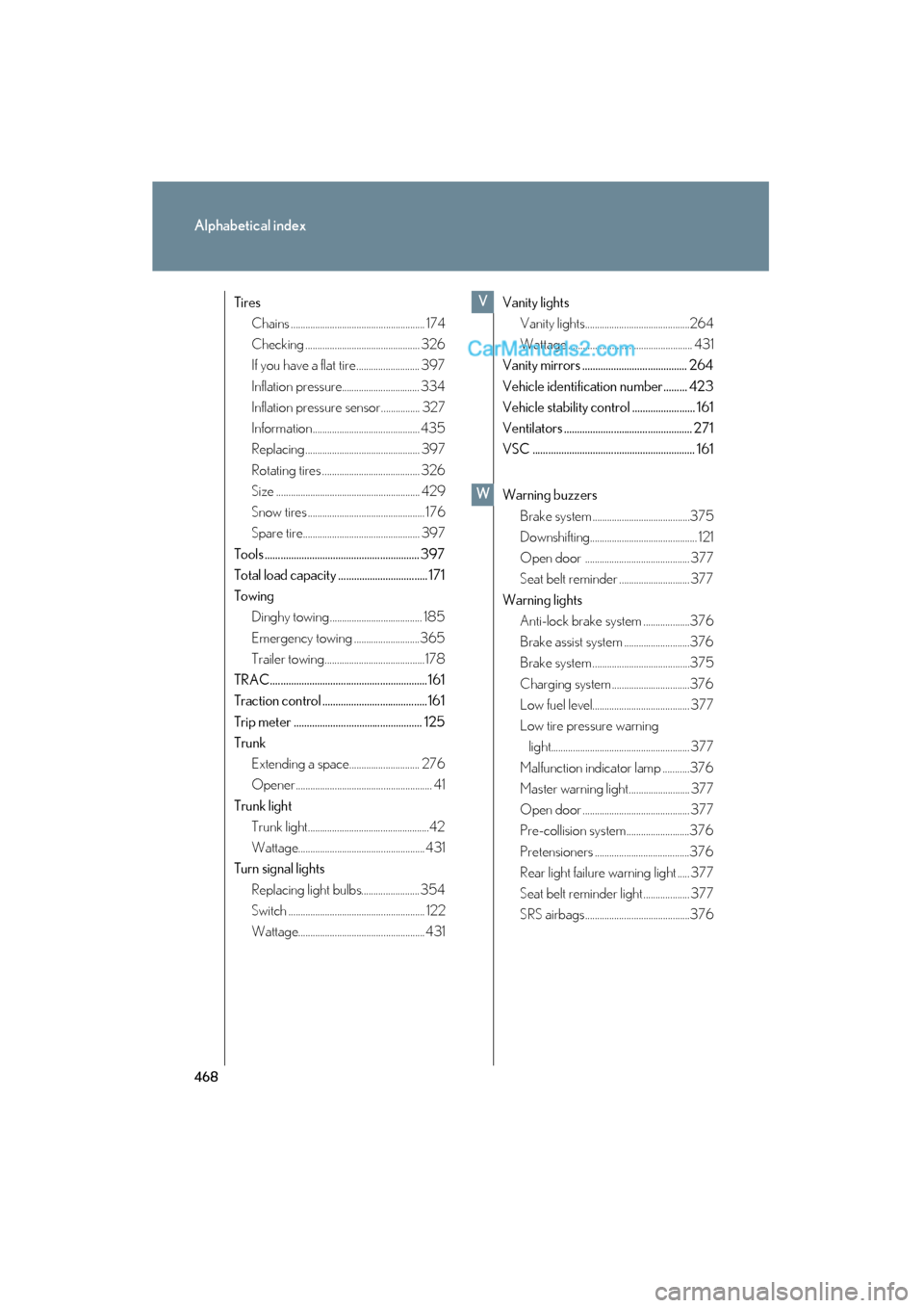 Lexus ES350 2009  Owners Manual 468
Alphabetical index
ES350_U_(L/O_0808)
TiresChains ....................................................... 174
Checking ............................................... 326
If you have a flat tire..