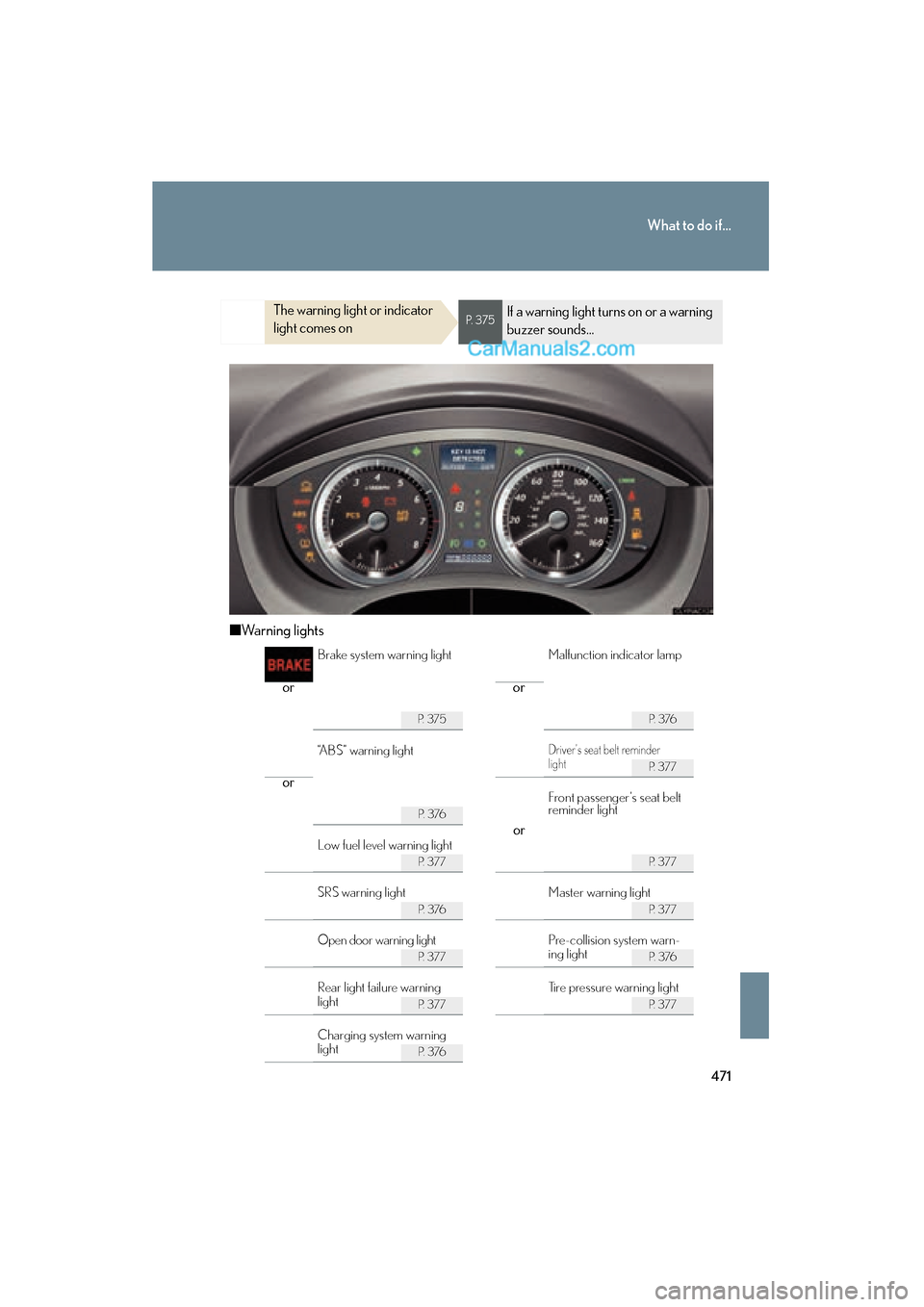 Lexus ES350 2009 Owners Guide 471
What to do if...
ES350_U_(L/O_0808)
■Warning lights
The warning light or indicator 
light comes onP.  3 7 5If a warning light turns on or a warning 
buzzer sounds...
or or
P.  3 7 5P.  3 76
P.  