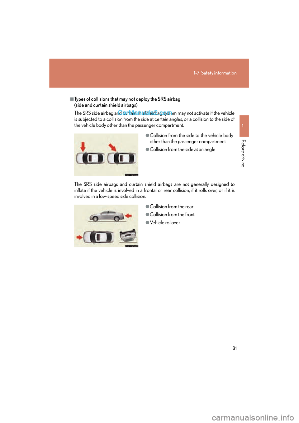 Lexus ES350 2009 Manual Online 81
1-7. Safety information
1
Before driving
ES350_U_(L/O_0808)
■Types of collisions that may not deploy the SRS airbag
(side and curtain shield airbags)
The SRS side airbag and curtain shield airba Lexus ES350 2009 Manual Online 81
1-7. Safety information
1
Before driving
ES350_U_(L/O_0808)
■Types of collisions that may not deploy the SRS airbag
(side and curtain shield airbags)
The SRS side airbag and curtain shield airba
