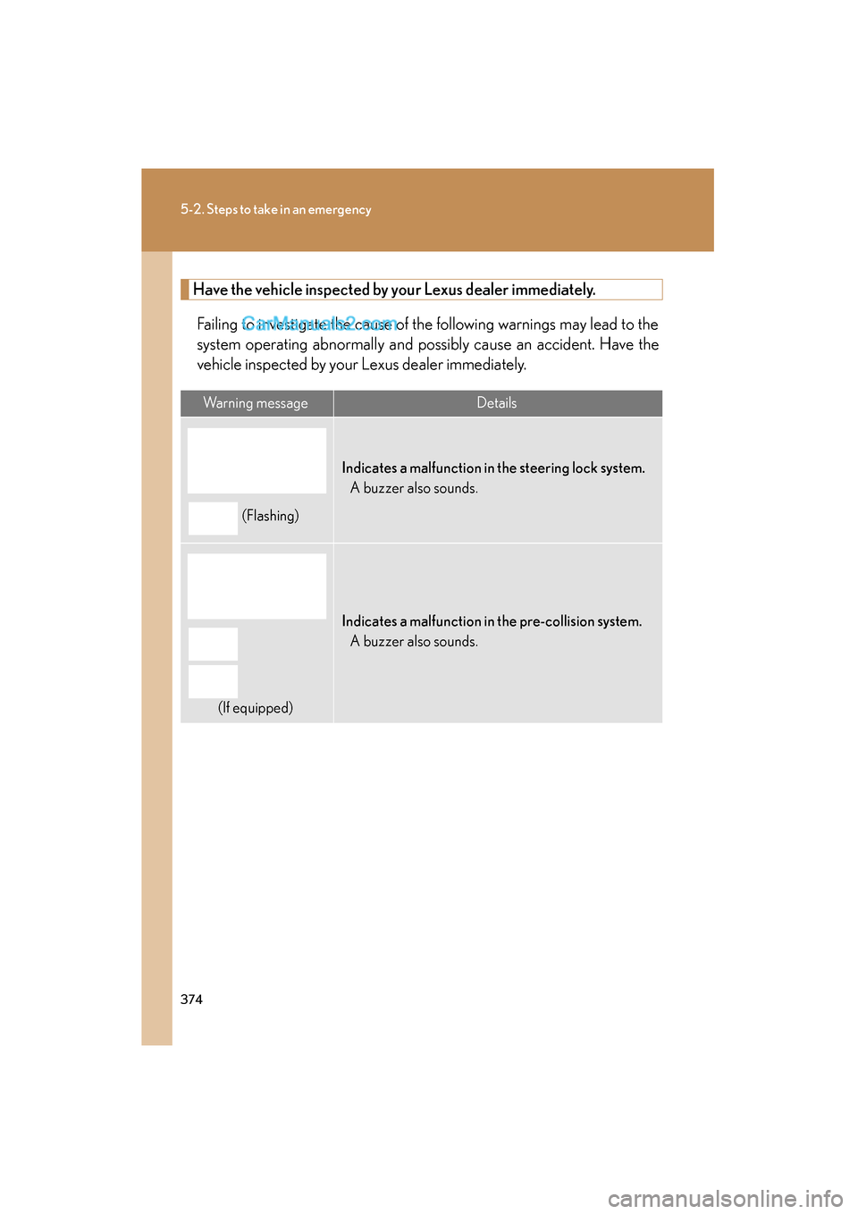 Lexus ES350 2008 Owners Manual 374
5-2. Steps to take in an emergency
ES350_U_(L/O_0708)
Have the vehicle inspected by your Lexus dealer immediately.Failing to investigate the cause of the following warnings may lead to the
system Lexus ES350 2008 Owners Manual 374
5-2. Steps to take in an emergency
ES350_U_(L/O_0708)
Have the vehicle inspected by your Lexus dealer immediately.Failing to investigate the cause of the following warnings may lead to the
system