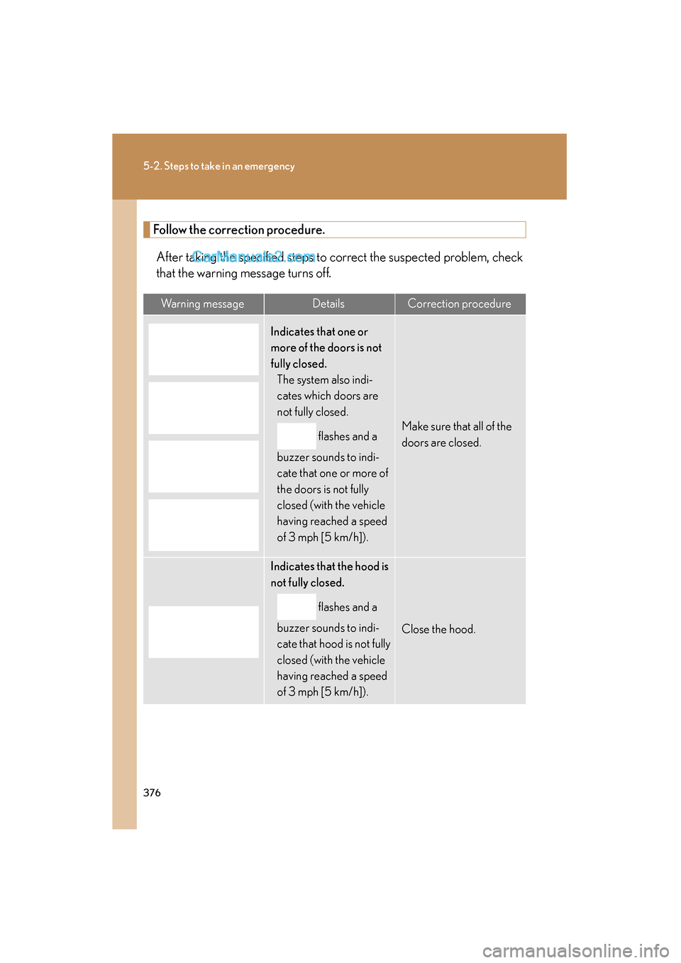 Lexus ES350 2008 Owners Manual 376
5-2. Steps to take in an emergency
ES350_U_(L/O_0708)
Follow the correction procedure.After taking the specified steps to correct the suspected problem, check
that the warning message turns off.
W Lexus ES350 2008 Owners Manual 376
5-2. Steps to take in an emergency
ES350_U_(L/O_0708)
Follow the correction procedure.After taking the specified steps to correct the suspected problem, check
that the warning message turns off.
W