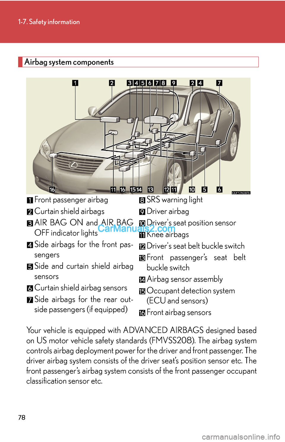 Lexus ES350 2008 Safety information 78
1-7. Safety information
Airbag system components
Your vehicle is equipped with ADVANCED AIRBAGS designed based
on US motor vehicle safety standards (FMVSS208). The airbag system
controls airbag dep Lexus ES350 2008 Safety information 78
1-7. Safety information
Airbag system components
Your vehicle is equipped with ADVANCED AIRBAGS designed based
on US motor vehicle safety standards (FMVSS208). The airbag system
controls airbag dep