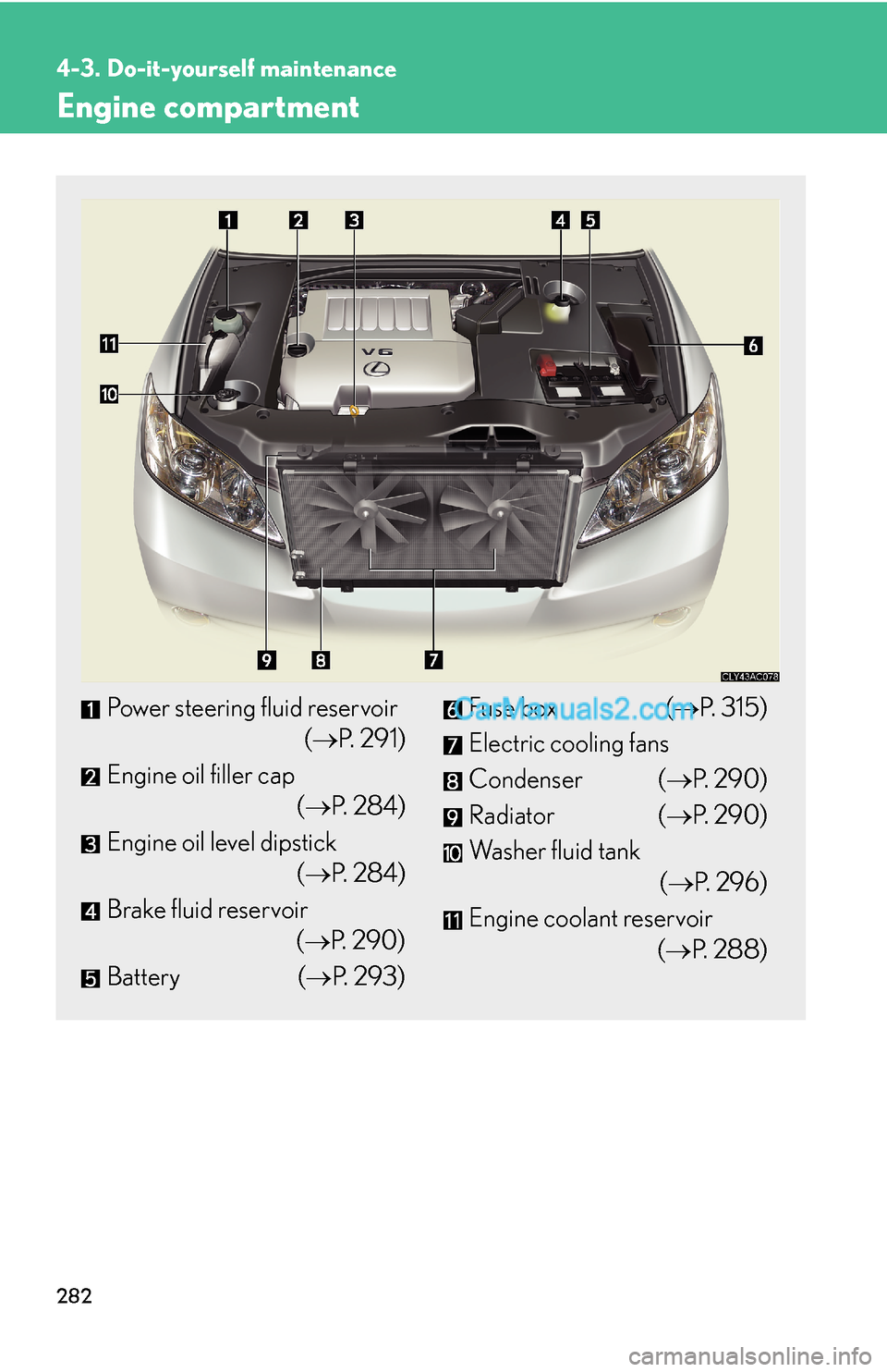 Lexus ES350 2007  Do-it-yourself maintenance 282
4-3. Do-it-yourself maintenance
Engine compartment
Power steering fluid reservoir
(→P.  2 9 1 )
Engine oil filler cap
(→P.  2 8 4 )
Engine oil level dipstick
(→P.  2 8 4 )
Brake fluid reserv