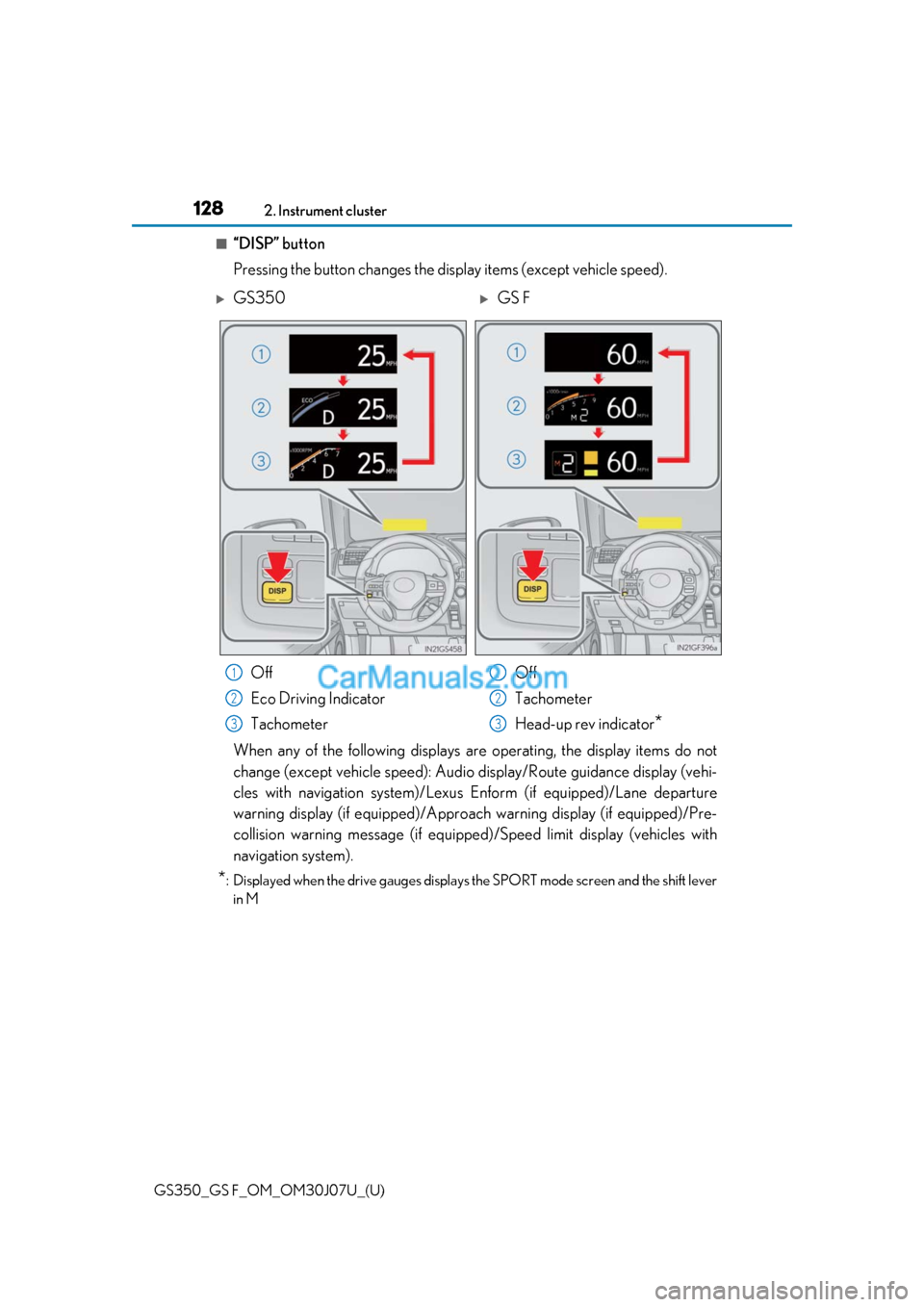 Lexus GS F 2020  Owners Manuals 128
GS350_GS F_OM_OM30J07U_(U)2. Instrument cluster
■“DISP” button
Pressing the button changes the display items (except vehicle speed).
When any of the following displays ar
e operating, the di