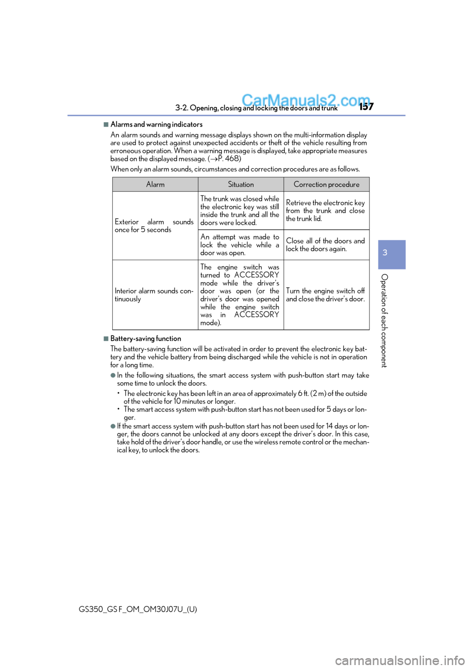 Lexus GS F 2020  Owners Manuals GS350_GS F_OM_OM30J07U_(U)
1573-2. Opening, closing and locking the doors and trunk
3
Operation of each component
■Alarms and warning indicators
An alarm sounds and warning message displa ys shown o