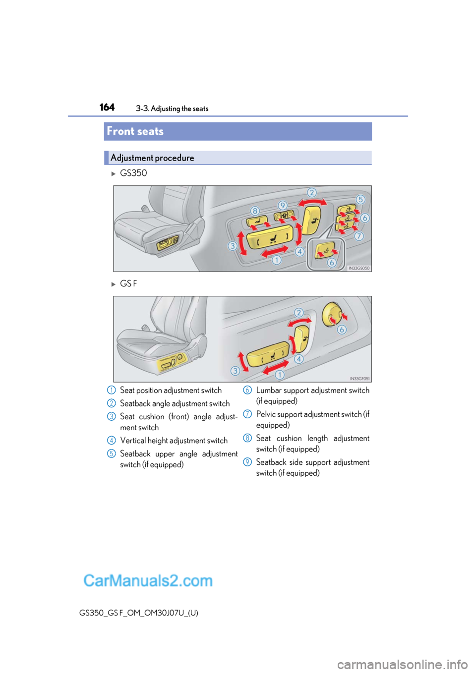 Lexus GS F 2020  Owners Manuals 164
GS350_GS F_OM_OM30J07U_(U)3-3. Adjusting the seats
Front seats
GS350
GS F
Adjustment procedure
Seat position adjustment switch
Seatback angle adjustment switch
Seat cushion (front) angle adj