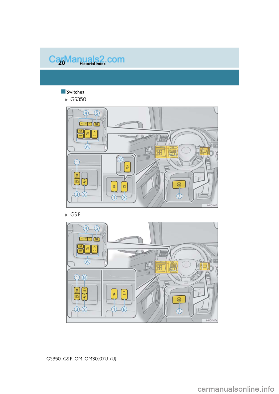 Lexus GS F 2020  s User Guide 20Pictorial index
GS350_GS F_OM_OM30J07U_(U)
■Switches
GS350
GS F  