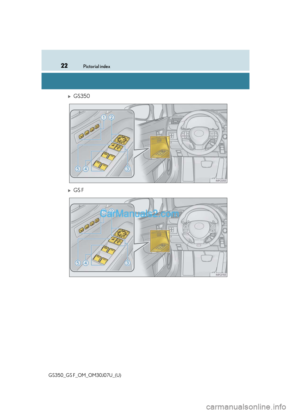 Lexus GS F 2020  s Owners Guide 22Pictorial index
GS350_GS F_OM_OM30J07U_(U)
GS350
GS F  