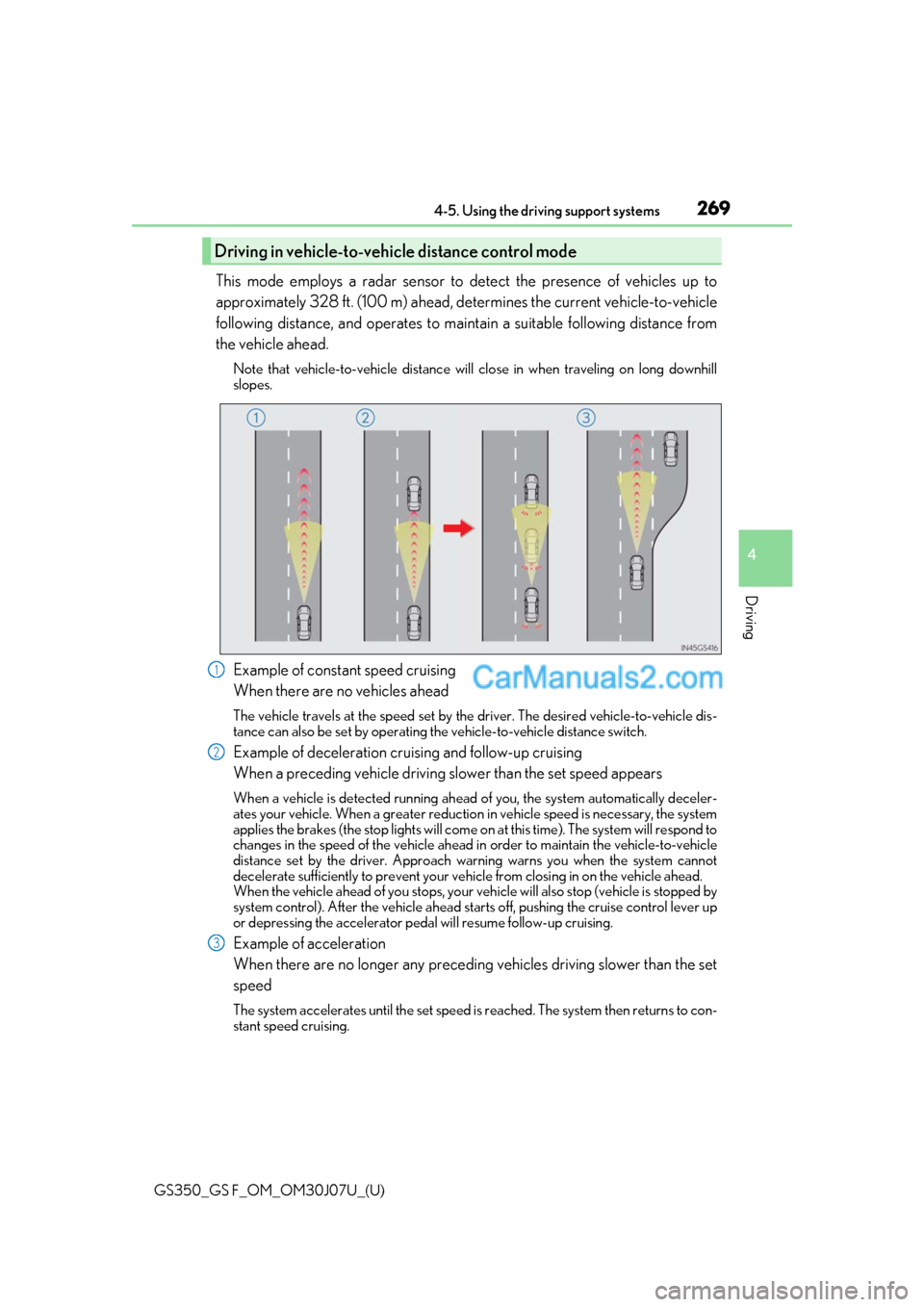 Lexus GS F 2020  Owners Manuals GS350_GS F_OM_OM30J07U_(U)
2694-5. Using the driving support systems
4
Driving
This mode employs a radar sensor to detect the presence of vehicles up to
approximately 328 ft. (100 m) ahead, determines