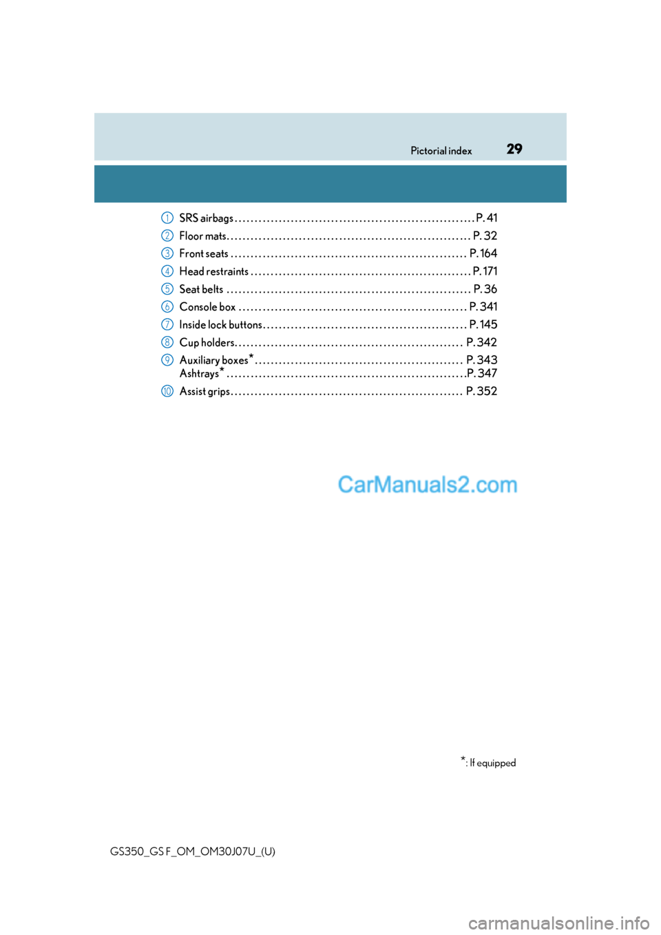 Lexus GS F 2020  Owners Manuals 29Pictorial index
GS350_GS F_OM_OM30J07U_(U)
SRS airbags . . . . . . . . . . . . . . . . . . . . . . . . . . . . . . . . . . . . . . . . . . . . . . . . . . . . . . . . . .  . . P. 41
Floor mats. . . 