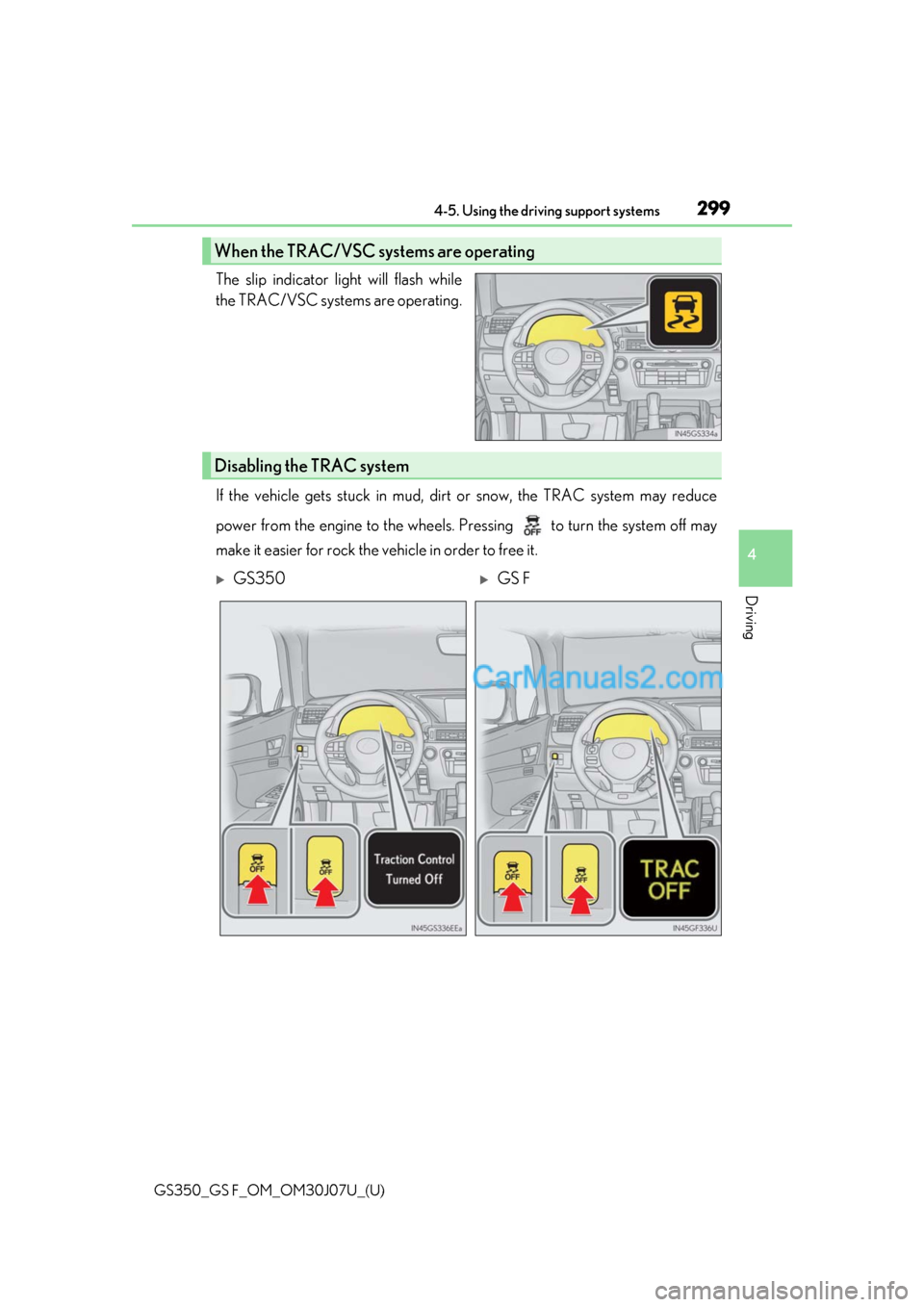 Lexus GS F 2020  Owners Manuals GS350_GS F_OM_OM30J07U_(U)
2994-5. Using the driving support systems
4
Driving
The slip indicator light will flash while
the TRAC/VSC systems are operating.
If the vehicle gets stuck in mud, dirt or s
