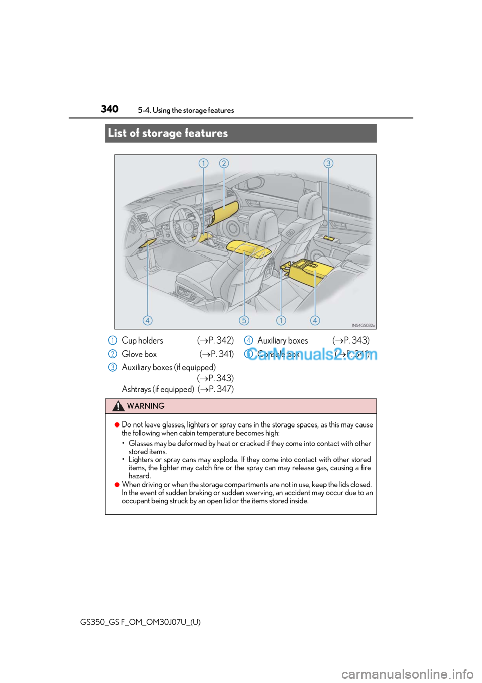 Lexus GS F 2020  Owners Manuals 340
GS350_GS F_OM_OM30J07U_(U)5-4. Using the storage features
List of storage features
Cup holders (
P. 342)
Glove box  ( P. 341)
Auxiliary boxes (if equipped) (P. 343)
Ashtrays (if equipped)