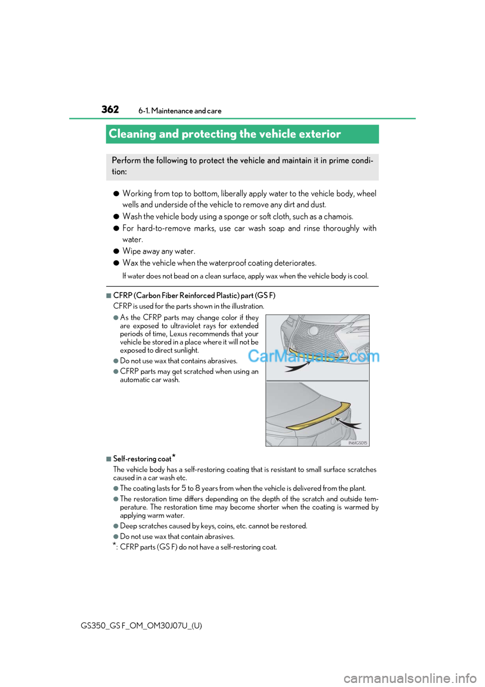 Lexus GS F 2020  Owners Manuals 362
GS350_GS F_OM_OM30J07U_(U)6-1. Maintenance and care
Cleaning and protecting the vehicle exterior
●Working from top to bott
om, liberally apply water to the vehicle body, wheel
wells and undersid