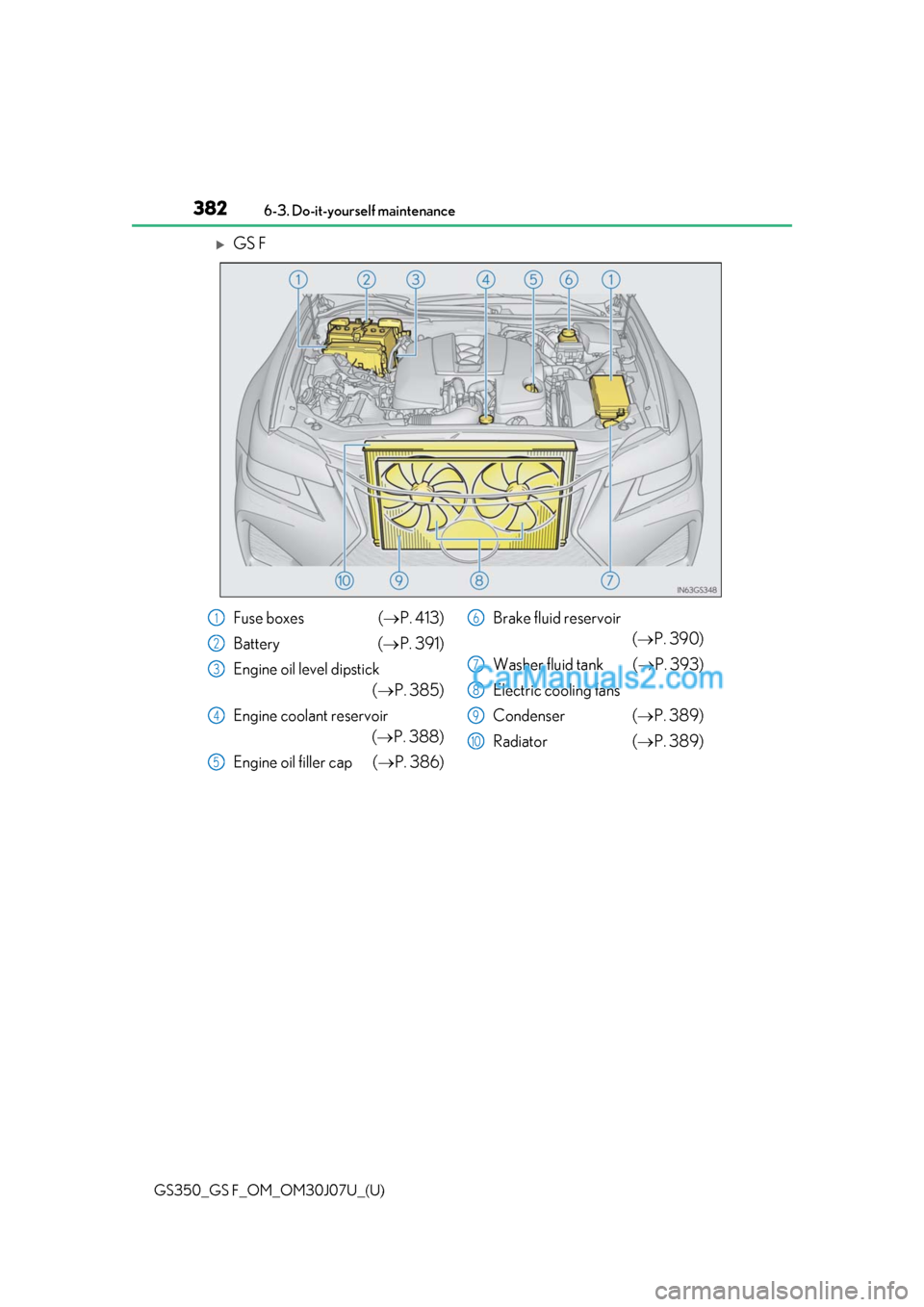 Lexus GS F 2020  Owners Manuals 382
GS350_GS F_OM_OM30J07U_(U)6-3. Do-it-yourself maintenance
GS F
Fuse boxes (
P. 413)
Battery ( P. 391)
Engine oil level dipstick (P. 385)
Engine coolant reservoir (P. 388)
Engine oil