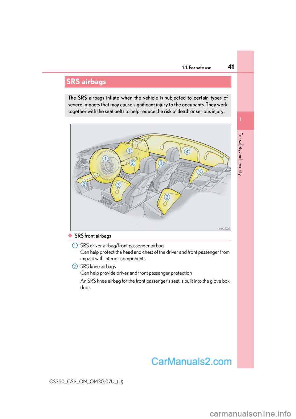 Lexus GS F 2020 Owners Manuals 411-1. For safe use
GS350_GS F_OM_OM30J07U_(U)
1
For safety and security
SRS airbags
◆SRS front airbags SRS driver airbag/front passenger airbag
Can help protect the head and chest of the driver an Lexus GS F 2020 Owners Manuals 411-1. For safe use
GS350_GS F_OM_OM30J07U_(U)
1
For safety and security
SRS airbags
◆SRS front airbags SRS driver airbag/front passenger airbag
Can help protect the head and chest of the driver an