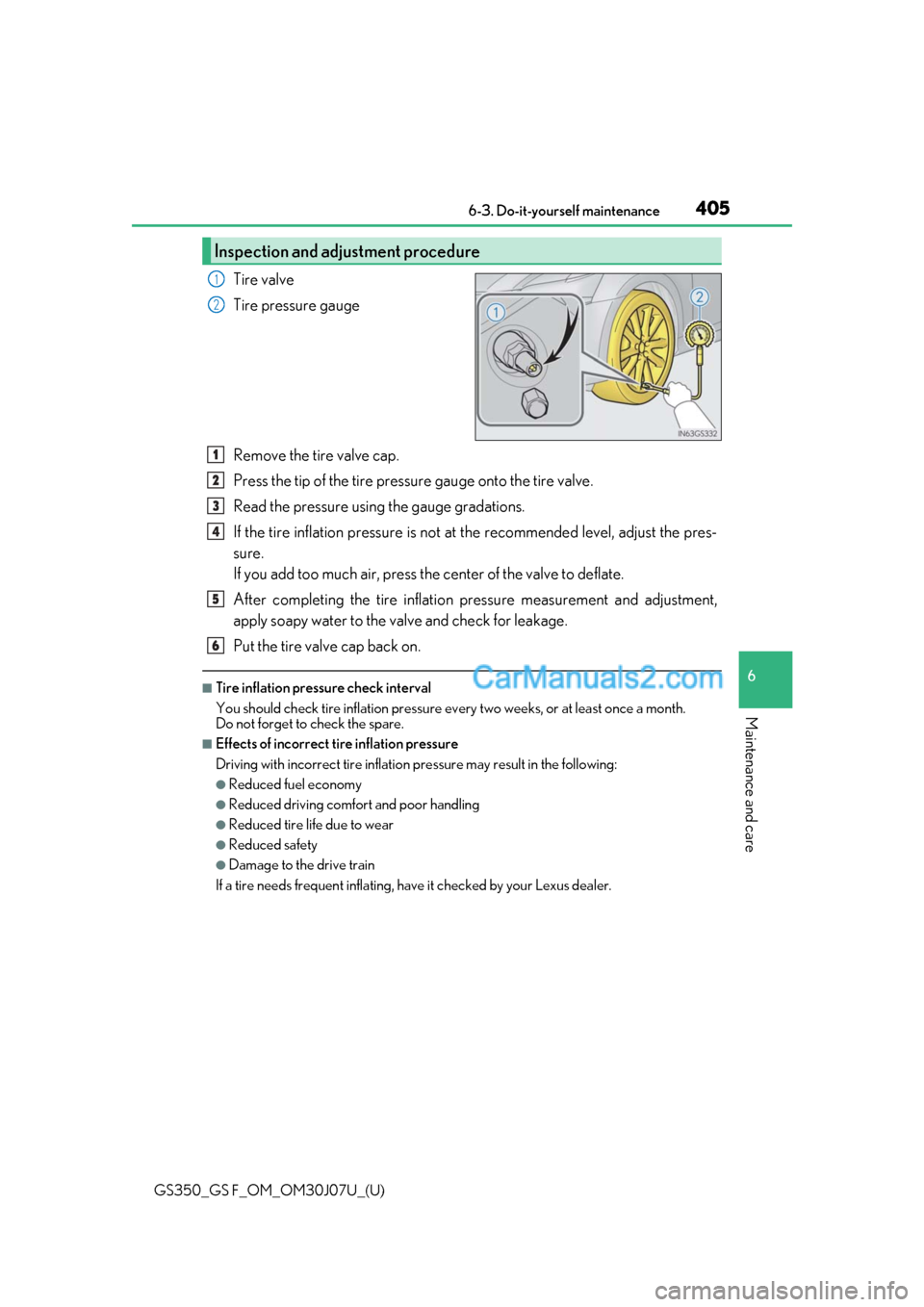 Lexus GS F 2020  Owners Manuals GS350_GS F_OM_OM30J07U_(U)
4056-3. Do-it-yourself maintenance
6
Maintenance and care
Tire valve
Tire pressure gauge
Remove the tire valve cap.
Press the tip of the tire pressure gauge onto the tire va