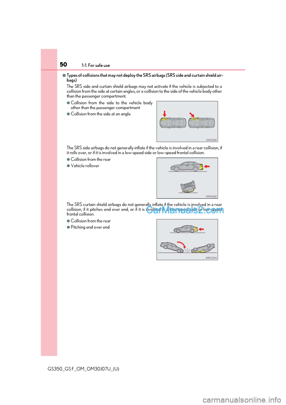 Lexus GS F 2020 s Service Manual 501-1. For safe use
GS350_GS F_OM_OM30J07U_(U)
■Types of collisions that may not deploy the SRS airbags (SRS side and curtain shield air-
bags)
The SRS side and curtain shield airbags may not activa Lexus GS F 2020 s Service Manual 501-1. For safe use
GS350_GS F_OM_OM30J07U_(U)
■Types of collisions that may not deploy the SRS airbags (SRS side and curtain shield air-
bags)
The SRS side and curtain shield airbags may not activa