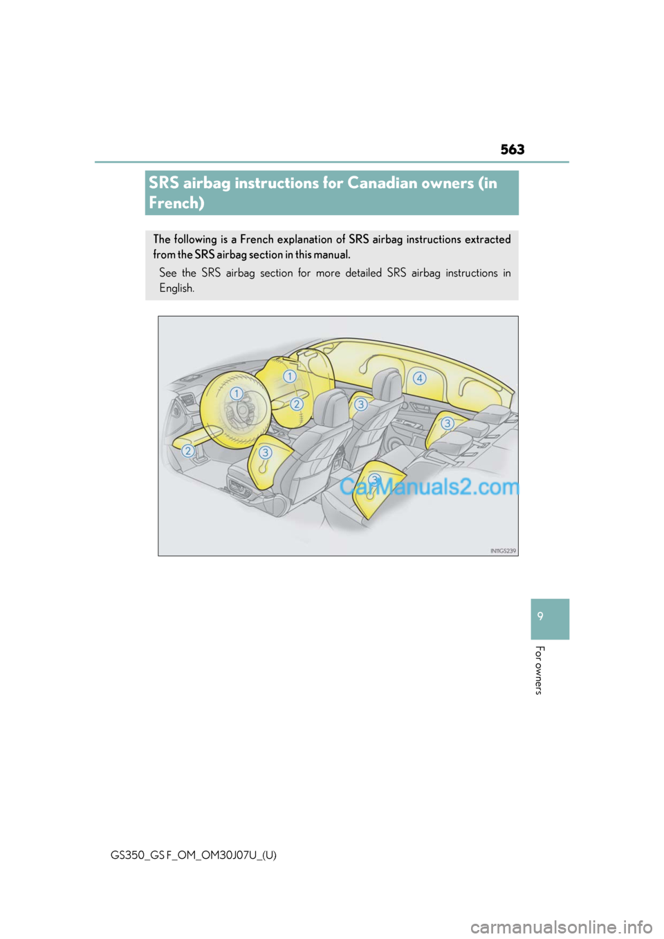 Lexus GS F 2020 Owners Manuals 563
GS350_GS F_OM_OM30J07U_(U)
9
For owners
SRS airbag instructions for Canadian owners (in
French)
The following is a French explanation of SRS airbag instructions extracted
from the SRS airbag sect Lexus GS F 2020 Owners Manuals 563
GS350_GS F_OM_OM30J07U_(U)
9
For owners
SRS airbag instructions for Canadian owners (in
French)
The following is a French explanation of SRS airbag instructions extracted
from the SRS airbag sect