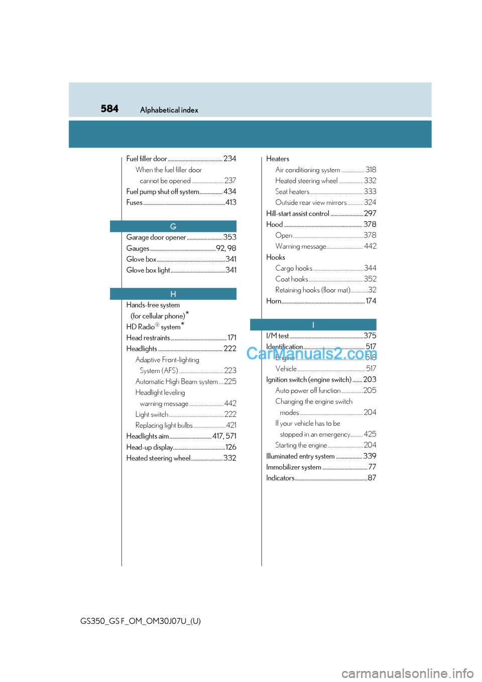 Lexus GS F 2020  Owners Manuals 584Alphabetical index
GS350_GS F_OM_OM30J07U_(U)
Fuel filler door ........................................ 234When the fuel filler door cannot be opened ......................... 237
Fuel pump shut of