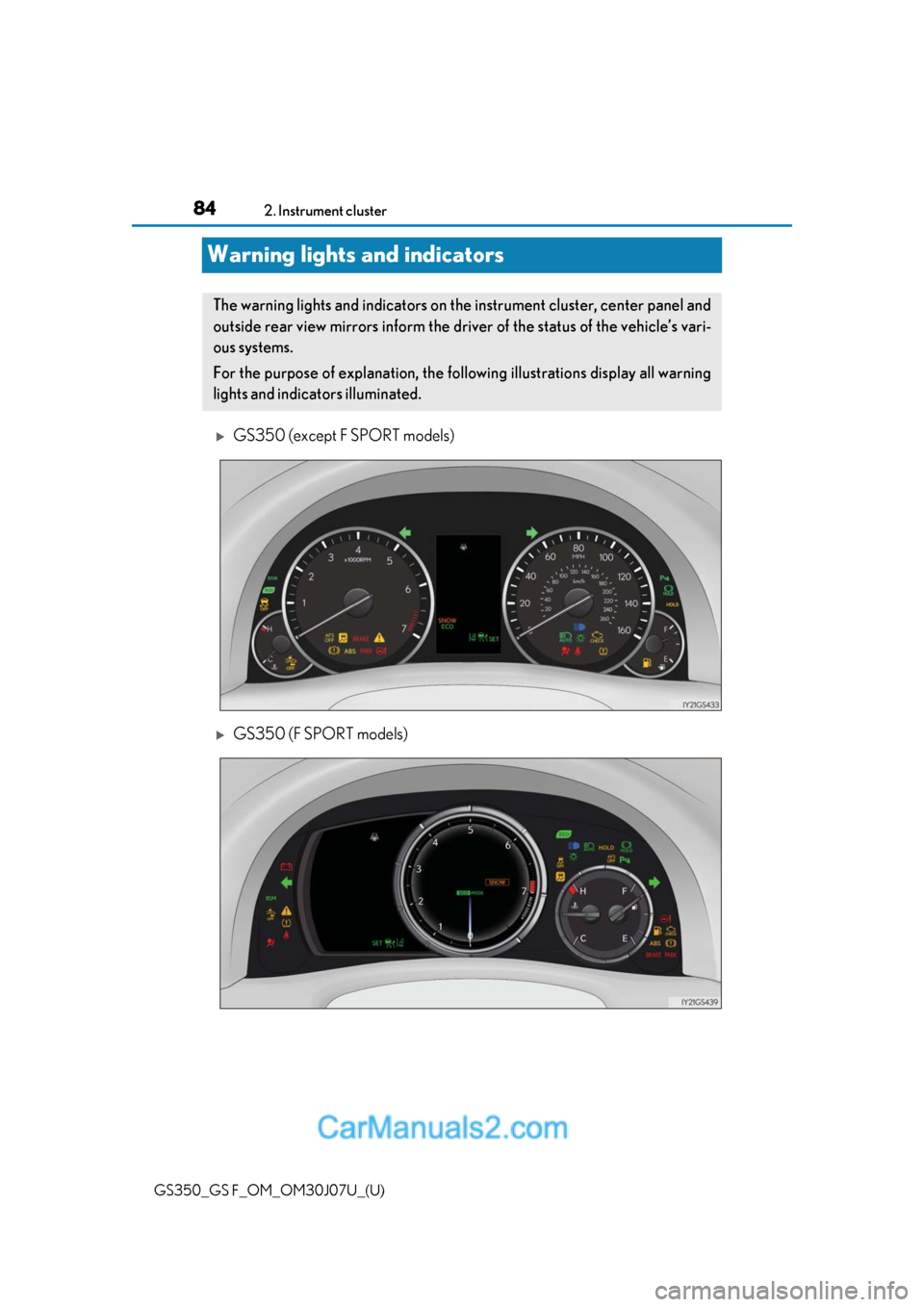 Lexus GS F 2020  Owners Manuals 84
GS350_GS F_OM_OM30J07U_(U)2. Instrument cluster
Warning lights and indicators
GS350 (except F SPORT models)
GS350 (F SPORT models)
The warning lights and indicators on the instrument cluster,