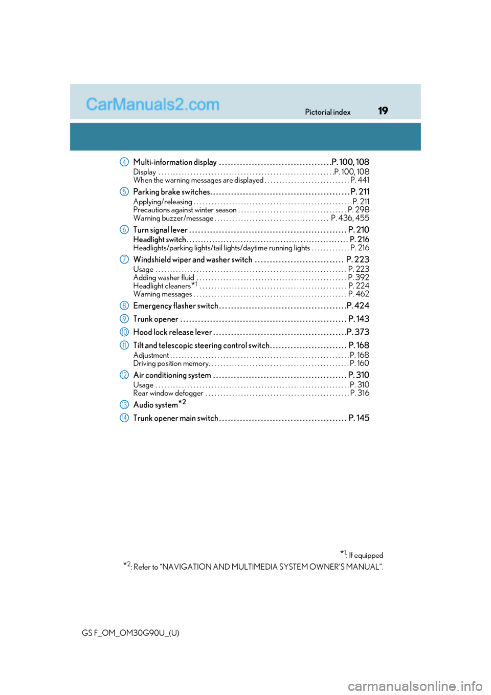 Lexus GS F 2019  Owners Manuals 19Pictorial index
GS F_OM_OM30G90U_(U)
Multi-information display  . . . . . . . . . . . . . . . .  . . . . . . . . . . . . . . . . . . . . . .P. 100, 108
Display  . . . . . . . . . . . . . . . . . . .