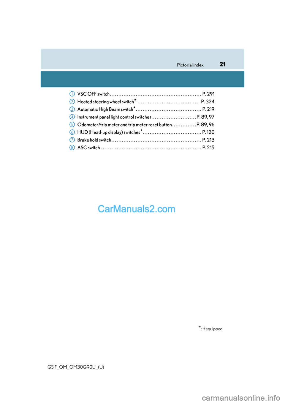 Lexus GS F 2019  Owners Manuals 21Pictorial index
GS F_OM_OM30G90U_(U)
VSC OFF switch . . . . . . . . . . . . . . . . . . . . . . . . . . . . . . . . . . . . . . . . . . . . . . . . . . . . .  P. 291
Heated steering wheel switch
* .