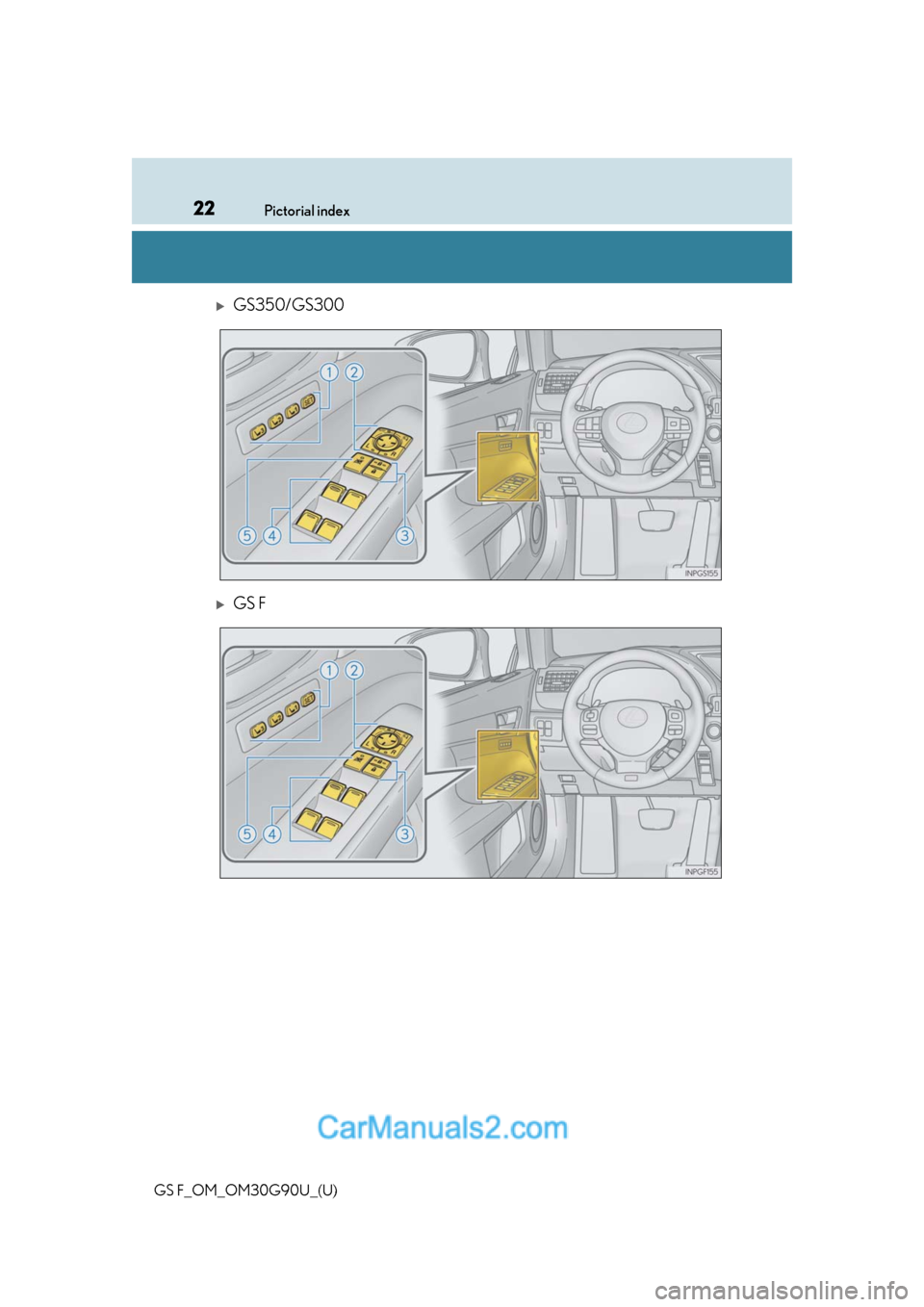 Lexus GS F 2019  s Owners Guide 22Pictorial index
GS F_OM_OM30G90U_(U)
GS350/GS300
GS F  