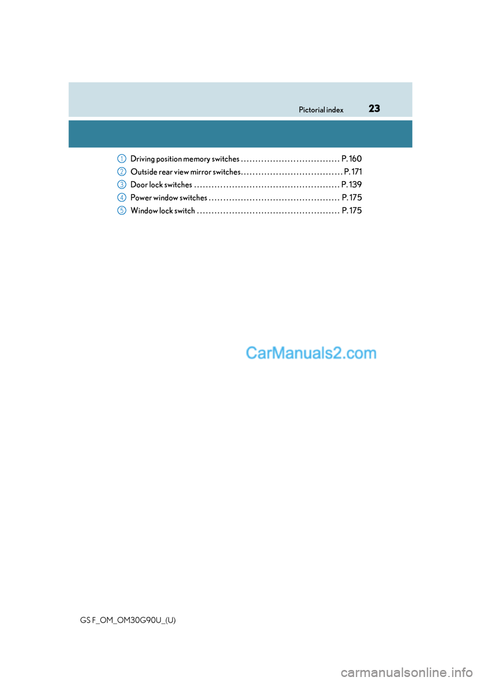 Lexus GS F 2019  Owners Manuals 23Pictorial index
GS F_OM_OM30G90U_(U)
Driving position memory switches . . . . . . . . . . . . . . . . . . . . . . . . . . . . . . . . . .  P. 160
Outside rear view mirror switches . . . . . . . . . 