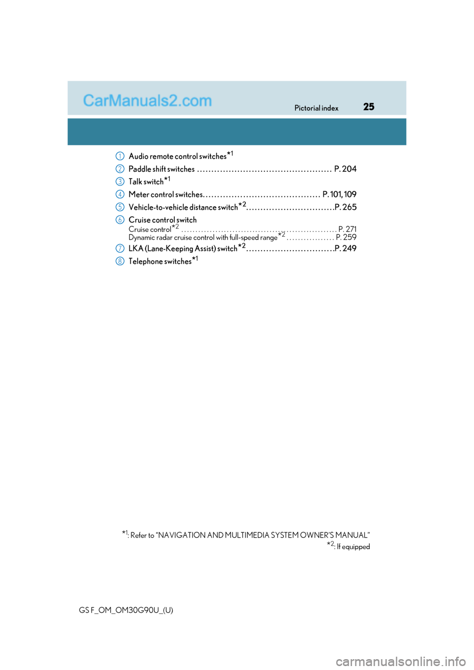 Lexus GS F 2019  s Owners Guide 25Pictorial index
GS F_OM_OM30G90U_(U)
Audio remote control switches*1
Paddle shift switches  . . . . . . . . . . . . . . . . . . . . . . . . . . . . . . . . . . . . . . . . . . . . . . .  P. 204
Talk