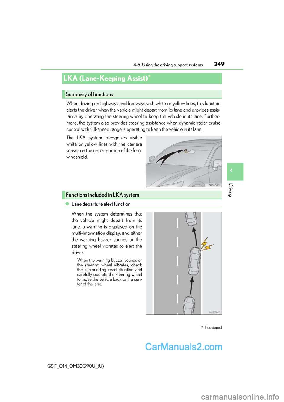 Lexus GS F 2019 s Service Manual 249
GS F_OM_OM30G90U_(U)4-5. Using the driving support systems
4
Driving
LKA (Lane-Keeping Assist)
When driving on highways and freeways
with white or yellow lines, this function
alerts the driver Lexus GS F 2019 s Service Manual 249
GS F_OM_OM30G90U_(U)4-5. Using the driving support systems
4
Driving
LKA (Lane-Keeping Assist)
When driving on highways and freeways
with white or yellow lines, this function
alerts the driver