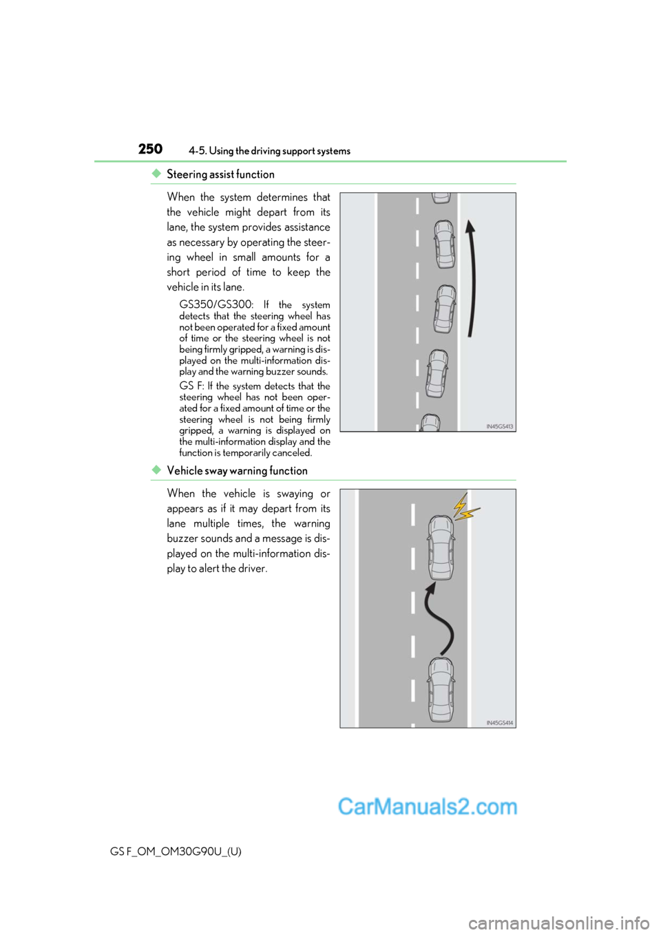 Lexus GS F 2019 s Service Manual 250
GS F_OM_OM30G90U_(U)4-5. Using the driving support systems
◆Steering assist function
When the system determines that
the vehicle might depart from its
lane, the system provides assistance
as nec Lexus GS F 2019 s Service Manual 250
GS F_OM_OM30G90U_(U)4-5. Using the driving support systems
◆Steering assist function
When the system determines that
the vehicle might depart from its
lane, the system provides assistance
as nec