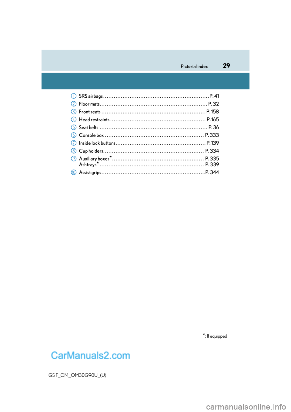 Lexus GS F 2019  Owners Manuals 29Pictorial index
GS F_OM_OM30G90U_(U)
SRS airbags . . . . . . . . . . . . . . . . . . . . . . . . . . . . . . . . . . . . . . . . . . . . . . . . . . . . . . . . . .  . . P. 41
Floor mats. . . . . . 