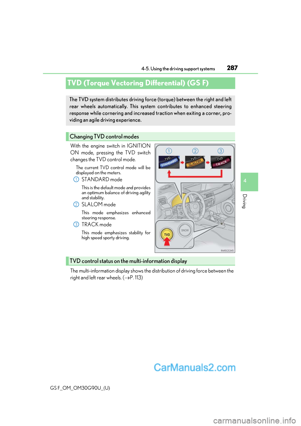 Lexus GS F 2019  Owners Manuals 287
GS F_OM_OM30G90U_(U)4-5. Using the driving support systems
4
Driving
TVD (Torque Vectoring Differential) (GS F)
With the engine switch in IGNITION
ON mode, pressing the TVD switch
changes the TVD 