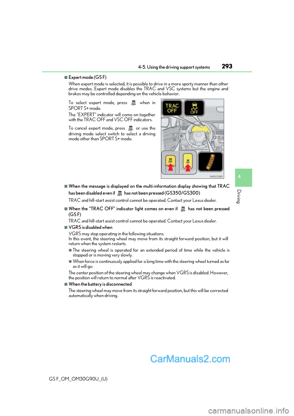 Lexus GS F 2019  Owners Manuals GS F_OM_OM30G90U_(U)
2934-5. Using the driving support systems
4
Driving
■Expert mode (GS F)
When expert mode is selected, it is possible to drive in a more sp orty manner than other
drive modes. Ex