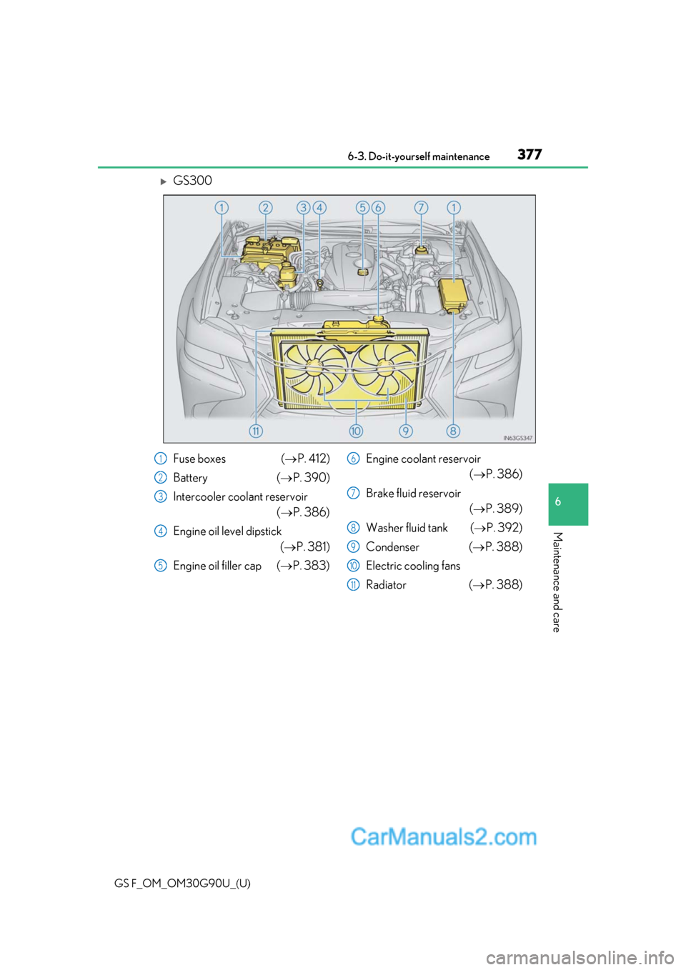Lexus GS F 2019 Owners Manuals GS F_OM_OM30G90U_(U)
3776-3. Do-it-yourself maintenance
6
Maintenance and care
GS300
Fuse boxes (P. 412)
Battery ( P. 390)
Intercooler coolant reservoir (P. 386)
Engine oil level dipstick Lexus GS F 2019 Owners Manuals GS F_OM_OM30G90U_(U)
3776-3. Do-it-yourself maintenance
6
Maintenance and care
GS300
Fuse boxes (P. 412)
Battery ( P. 390)
Intercooler coolant reservoir (P. 386)
Engine oil level dipstick