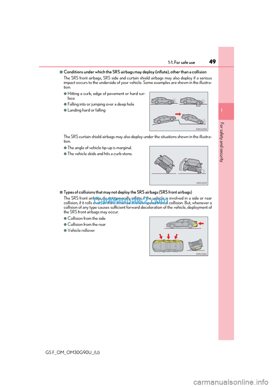 Lexus GS F 2019  Owners Manuals 491-1. For safe use
GS F_OM_OM30G90U_(U)
1
For safety and security
■Conditions under which the SRS airbags may  deploy (inflate), other than a collision 
The SRS front airbags, SRS side and curtain 