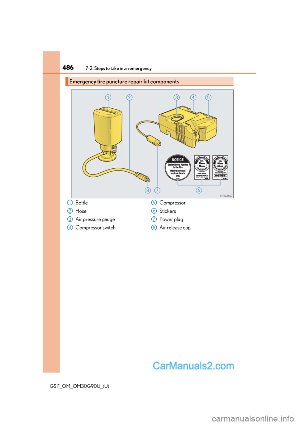 Lexus GS F 2019  Owners Manuals 4867-2. Steps to take in an emergency
GS F_OM_OM30G90U_(U)
Emergency tire puncture repair kit components
Bottle
Hose
Air pressure gauge
Compressor switchCompressor
Stickers
Power plug
Air release cap1
