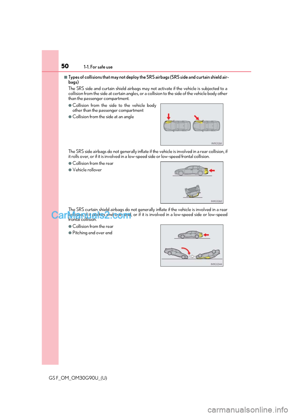 Lexus GS F 2019  s Service Manual 501-1. For safe use
GS F_OM_OM30G90U_(U)
■Types of collisions that may not deploy the SRS airbags (SRS side and curtain shield air-
bags)
The SRS side and curtain shield airbags may not activate if 