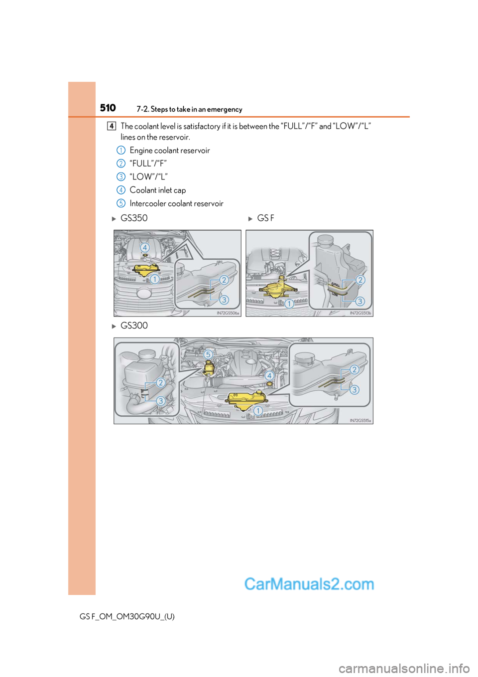 Lexus GS F 2019  Owners Manuals 5107-2. Steps to take in an emergency
GS F_OM_OM30G90U_(U)
The coolant level is satisfactory if it is between the “FULL”/“F” and “LOW”/“L”
lines on the reservoir.
Engine coolant reserv