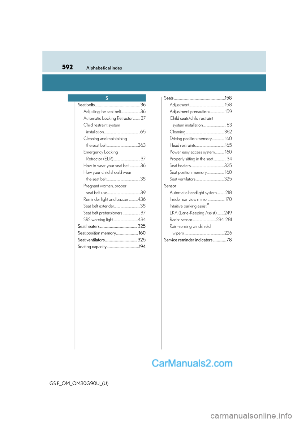 Lexus GS F 2019  Owners Manuals 592Alphabetical index
GS F_OM_OM30G90U_(U)
Seat belts..................................................... 36Adjusting the seat belt ........................ 36
Automatic Locking Retractor......... 37