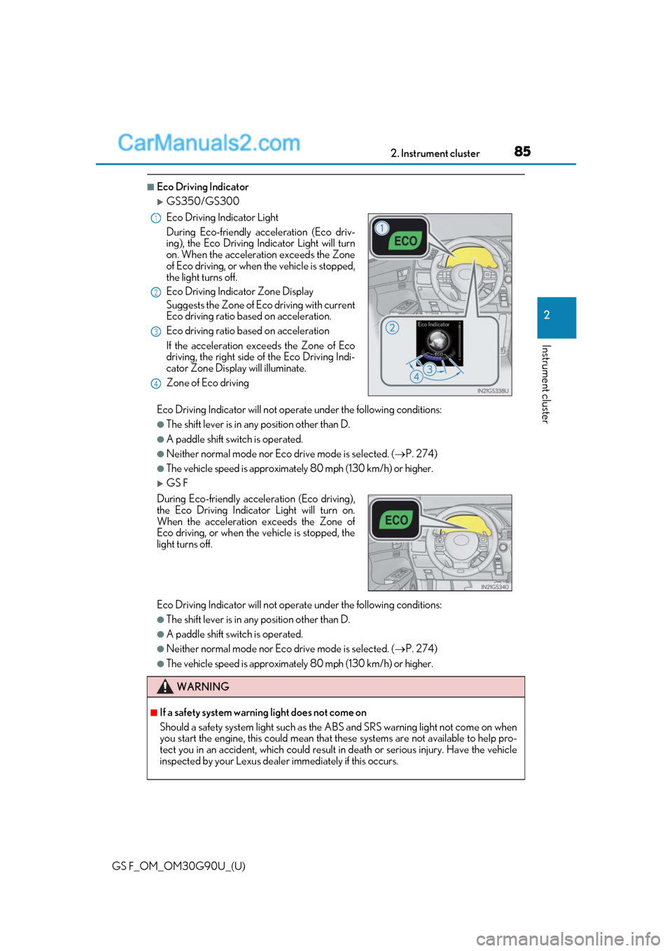 Lexus GS F 2019  Owners Manuals GS F_OM_OM30G90U_(U)
852. Instrument cluster
2
Instrument cluster
■Eco Driving Indicator
GS350/GS300
Eco Driving Indicator will not operate under the following conditions:
●The shift lever is i