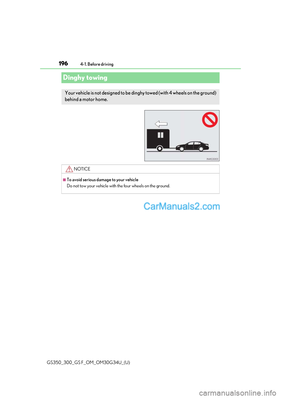 Lexus GS F 2018 Owners Manuals 196
GS350_300_GS F_OM_OM30G34U_(U)4-1. Before driving
Dinghy towing
Your vehicle is not designed to be dinghy towed (with 4 wheels on the ground)
behind a motor home.
NOTICE
■To avoid serious damag Lexus GS F 2018 Owners Manuals 196
GS350_300_GS F_OM_OM30G34U_(U)4-1. Before driving
Dinghy towing
Your vehicle is not designed to be dinghy towed (with 4 wheels on the ground)
behind a motor home.
NOTICE
■To avoid serious damag