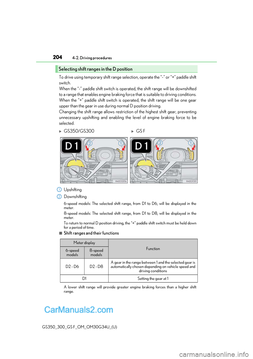 Lexus GS F 2018 Owners Manuals 204
GS350_300_GS F_OM_OM30G34U_(U)4-2. Driving procedures
To drive using temporary shift range selection, operate the “-” or “+” paddle shift
switch.
When the “-” paddle shift switch is o Lexus GS F 2018 Owners Manuals 204
GS350_300_GS F_OM_OM30G34U_(U)4-2. Driving procedures
To drive using temporary shift range selection, operate the “-” or “+” paddle shift
switch.
When the “-” paddle shift switch is o