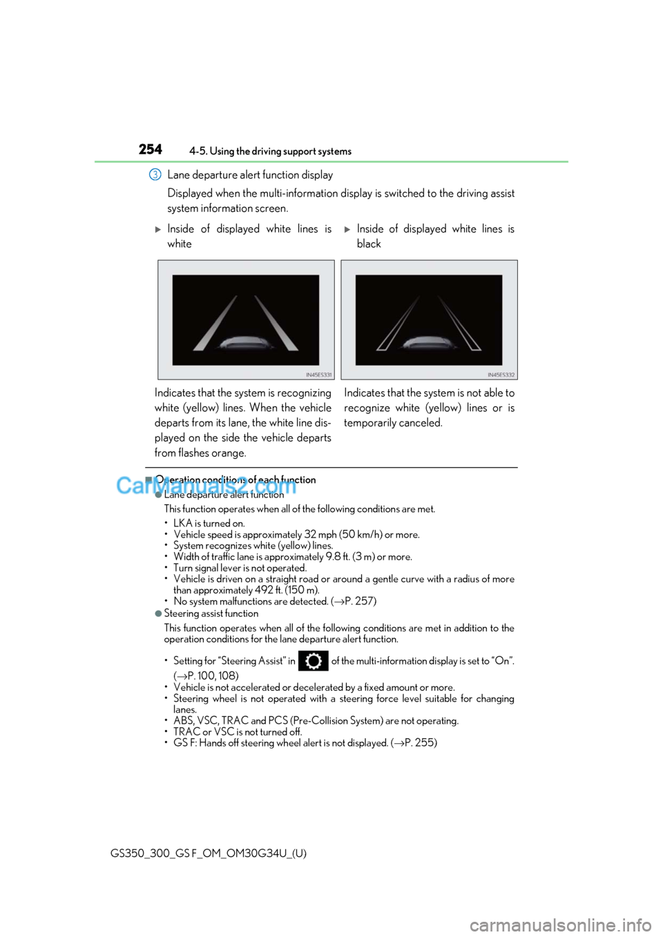 Lexus GS F 2018 Owners Manuals 254
GS350_300_GS F_OM_OM30G34U_(U)4-5. Using the driving support systems
Lane departure alert function display
Displayed when the multi-information disp
lay is switched to the driving assist
system in Lexus GS F 2018 Owners Manuals 254
GS350_300_GS F_OM_OM30G34U_(U)4-5. Using the driving support systems
Lane departure alert function display
Displayed when the multi-information disp
lay is switched to the driving assist
system in