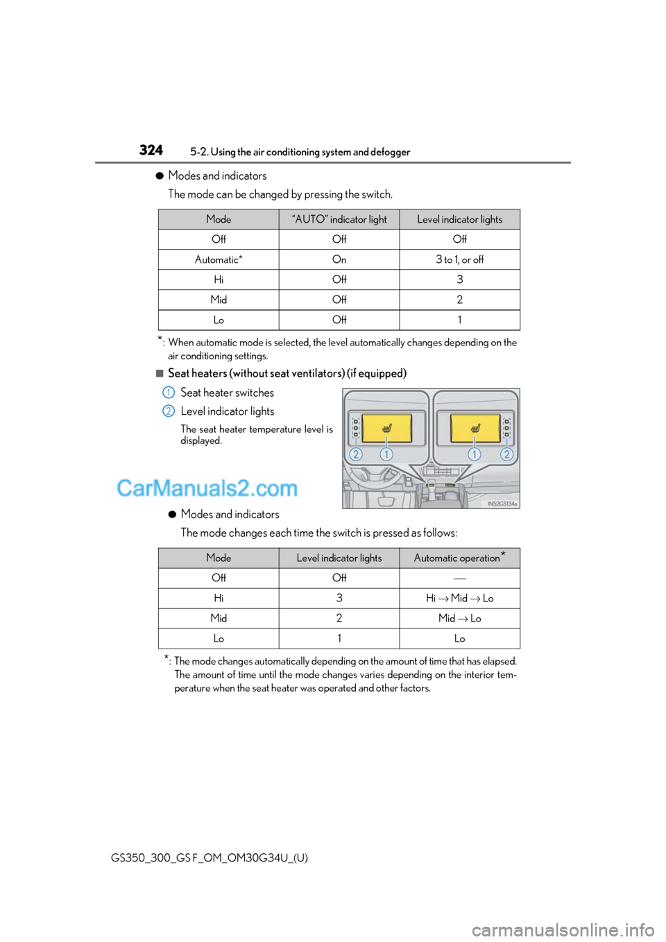 Lexus GS F 2018 Owners Manuals 324
GS350_300_GS F_OM_OM30G34U_(U)5-2. Using the air conditio
ning system and defogger
●Modes and indicators
The mode can be changed by pressing the switch.
*: When automatic mode is selected, the l Lexus GS F 2018 Owners Manuals 324
GS350_300_GS F_OM_OM30G34U_(U)5-2. Using the air conditio
ning system and defogger
●Modes and indicators
The mode can be changed by pressing the switch.
*: When automatic mode is selected, the l