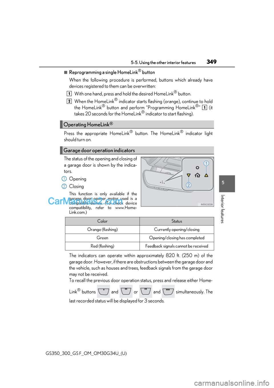 Lexus GS F 2018 Owners Manuals GS350_300_GS F_OM_OM30G34U_(U)
3495-5. Using the other interior features
5
Interior features
■Reprogramming a single HomeLink® button
When the following procedure is performed, buttons which alread Lexus GS F 2018 Owners Manuals GS350_300_GS F_OM_OM30G34U_(U)
3495-5. Using the other interior features
5
Interior features
■Reprogramming a single HomeLink® button
When the following procedure is performed, buttons which alread