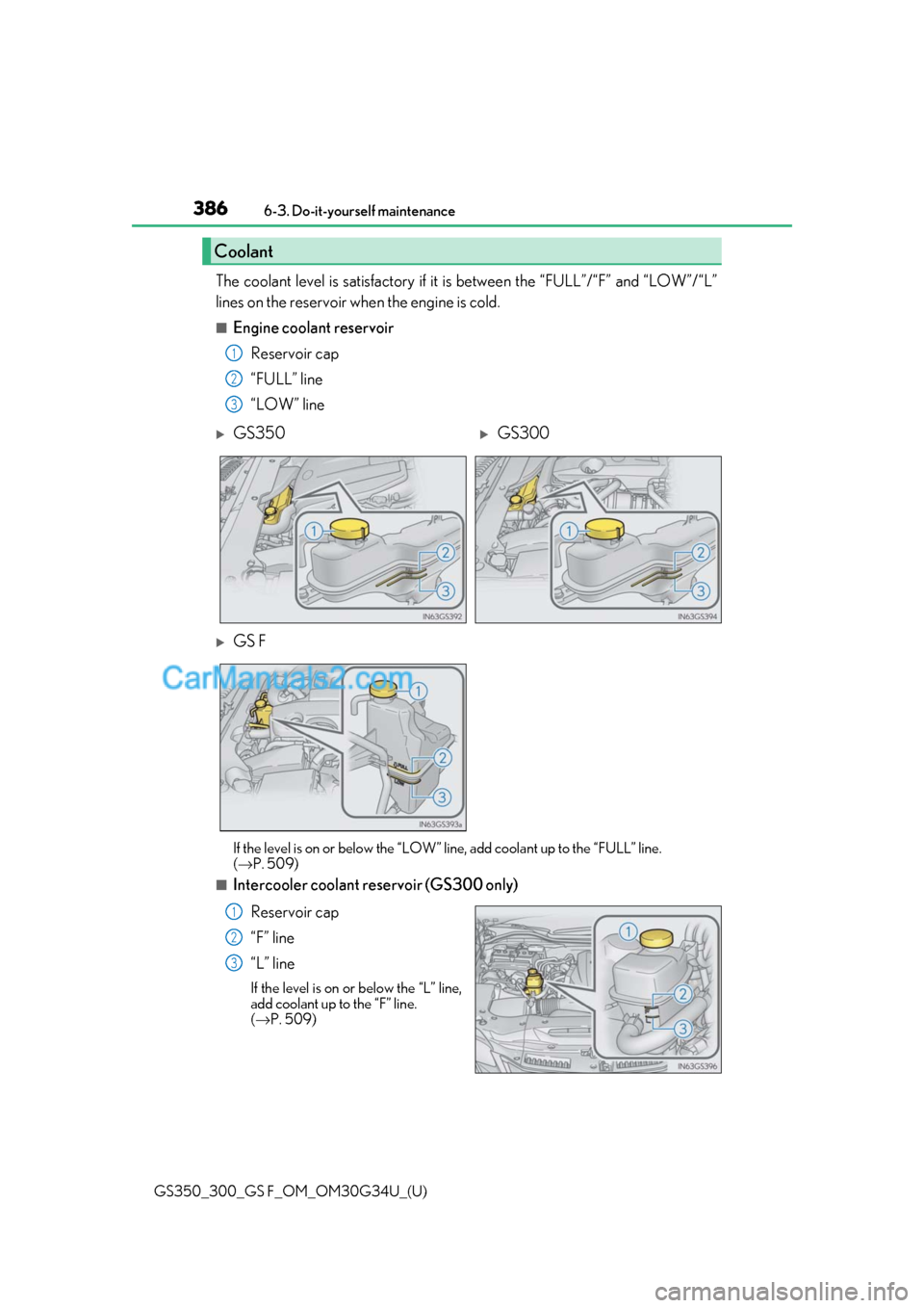 Lexus GS F 2018  Owners Manuals 386
GS350_300_GS F_OM_OM30G34U_(U)6-3. Do-it-yourself maintenance
The coolant level is satisfactory if it 
is between the “FULL”/“F” and “LOW”/“L”
lines on the reservoir when the engin