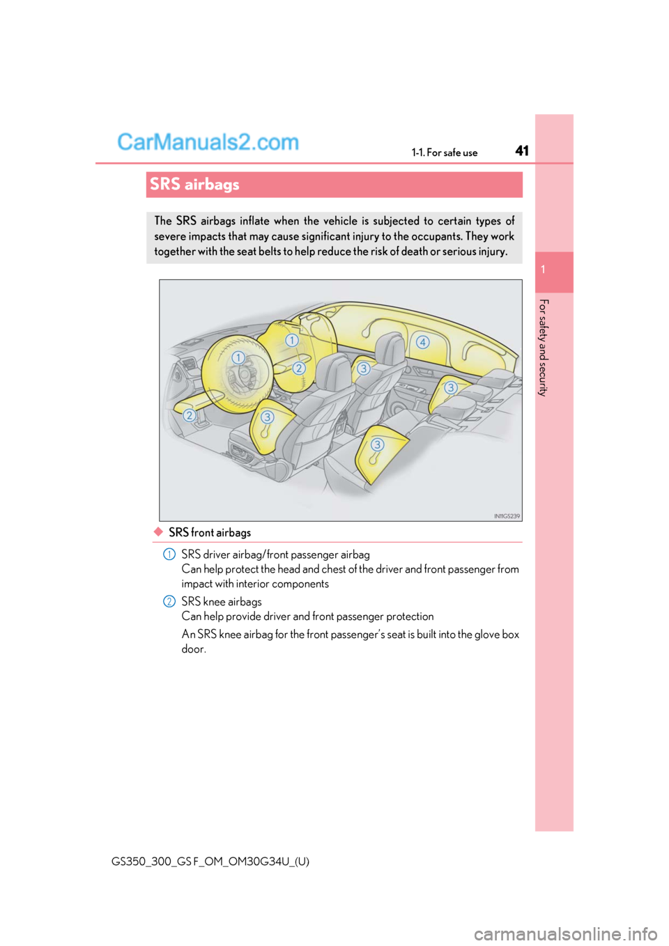 Lexus GS F 2018 s Service Manual 411-1. For safe use
GS350_300_GS F_OM_OM30G34U_(U)
1
For safety and security
SRS airbags
◆SRS front airbags SRS driver airbag/front passenger airbag
Can help protect the head and chest of the drive Lexus GS F 2018 s Service Manual 411-1. For safe use
GS350_300_GS F_OM_OM30G34U_(U)
1
For safety and security
SRS airbags
◆SRS front airbags SRS driver airbag/front passenger airbag
Can help protect the head and chest of the drive