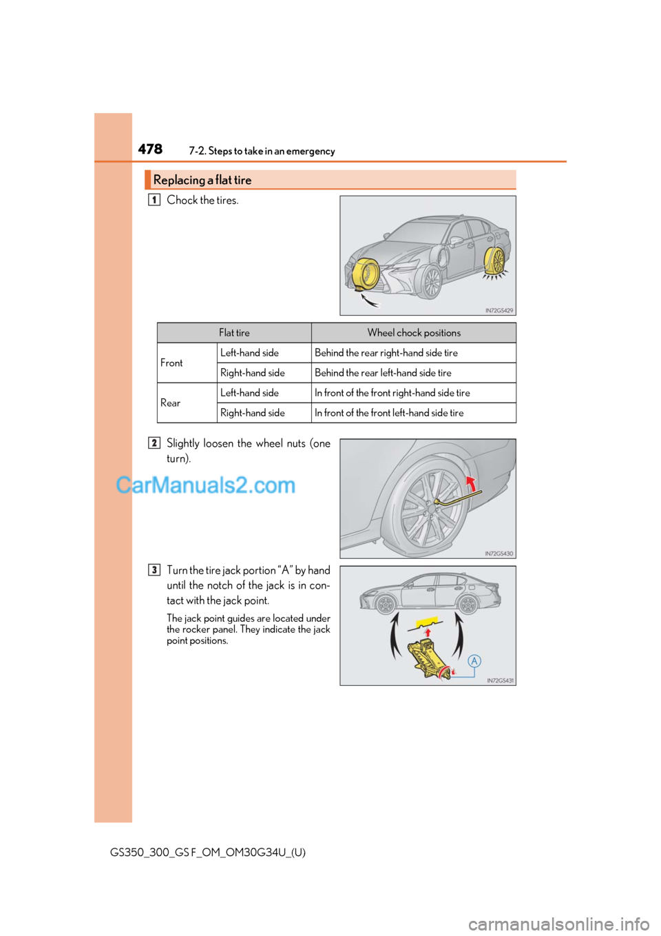 Lexus GS F 2018  Owners Manuals 4787-2. Steps to take in an emergency
GS350_300_GS F_OM_OM30G34U_(U)
Chock the tires.
Slightly loosen the wheel nuts (one
turn).
Turn the tire jack portion “A” by hand
until the notch of the jack 